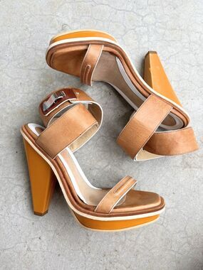 Rag & Bone Brown Leather Heeled Sandals Minimalist Strappy Block Heel Euro 37